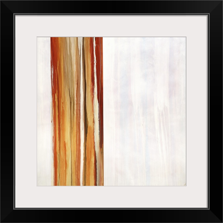 Abstract contemporary painting of vertical red and orange stripes on white.