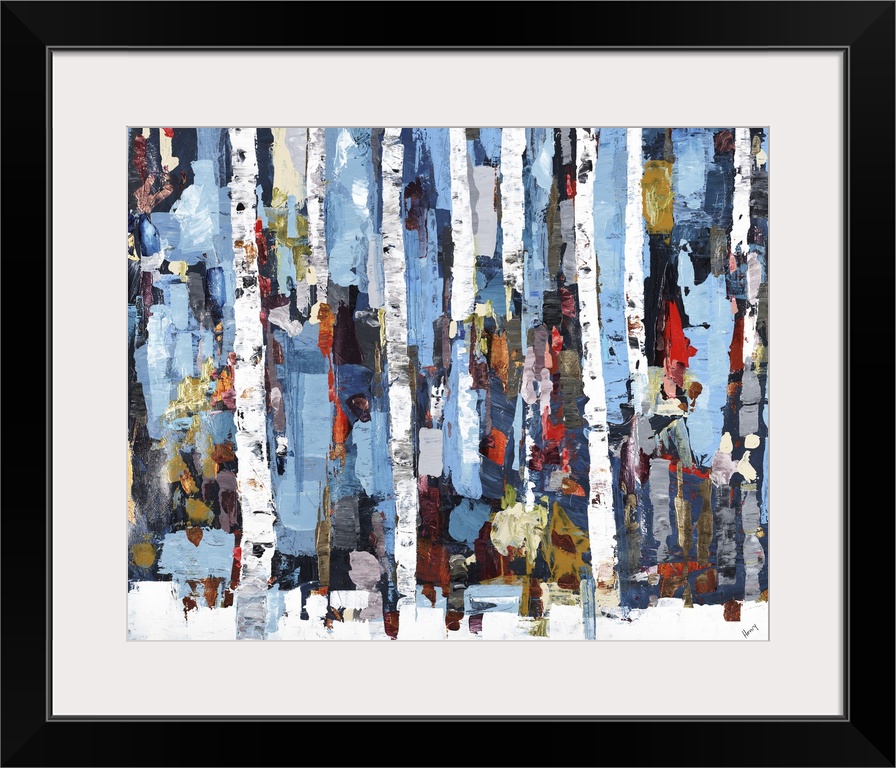 Colorful abstract painting of tall white tree trunks on a snow covered ground with vertical strokes of color in the backgr...