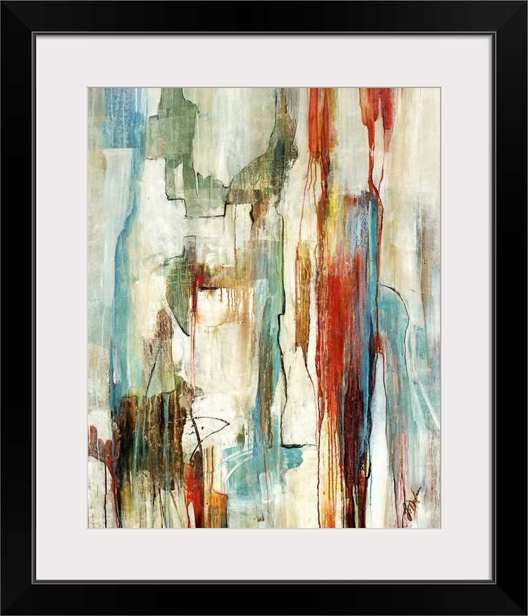A large abstract piece with muted colors that move in a vertical direction and drip down toward the bottom.