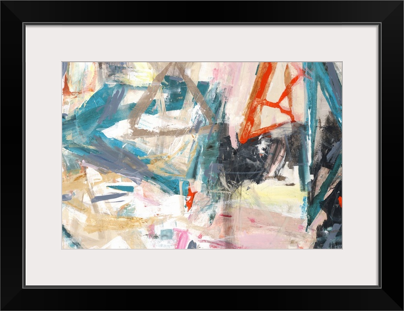 Large abstract painting with angled brushstrokes created with vibrant hues all over the canvas.