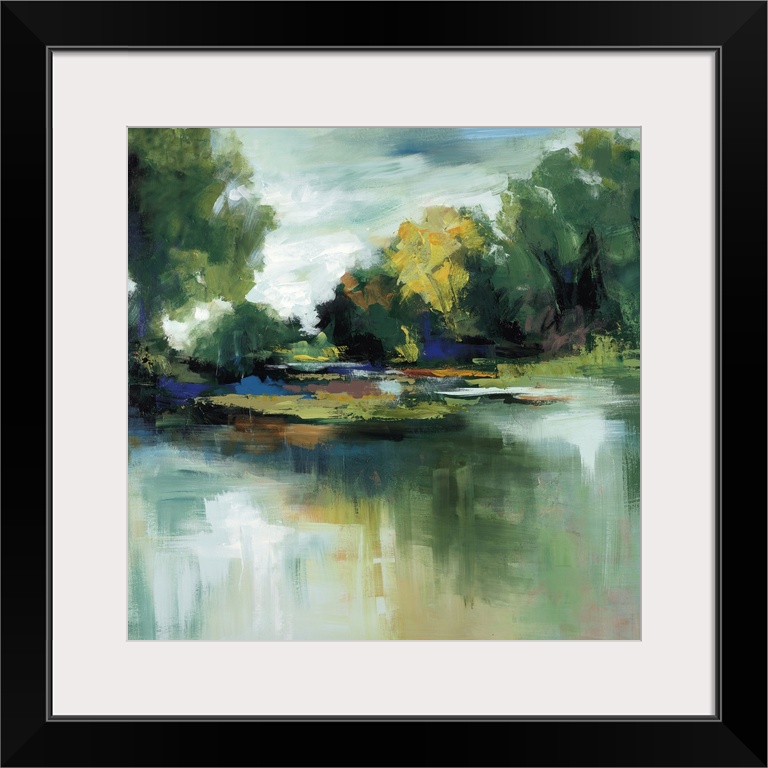 Landscape painting in thick sweeping brushstrokes of a calm pond in front of a grove of lush trees and a green landscape.