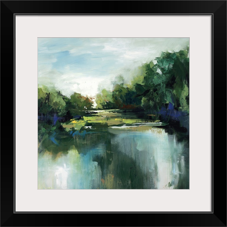 Landscape painting in thick sweeping brushstrokes of a calm pond in front of a grove of lush trees and a green landscape.