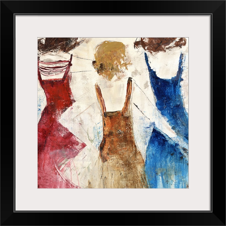 Contemporary painting of three women in colorful dresses with backs facing viewer.