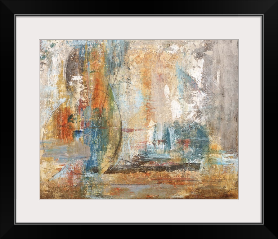 Contemporary abstract painting in orange and blue.
