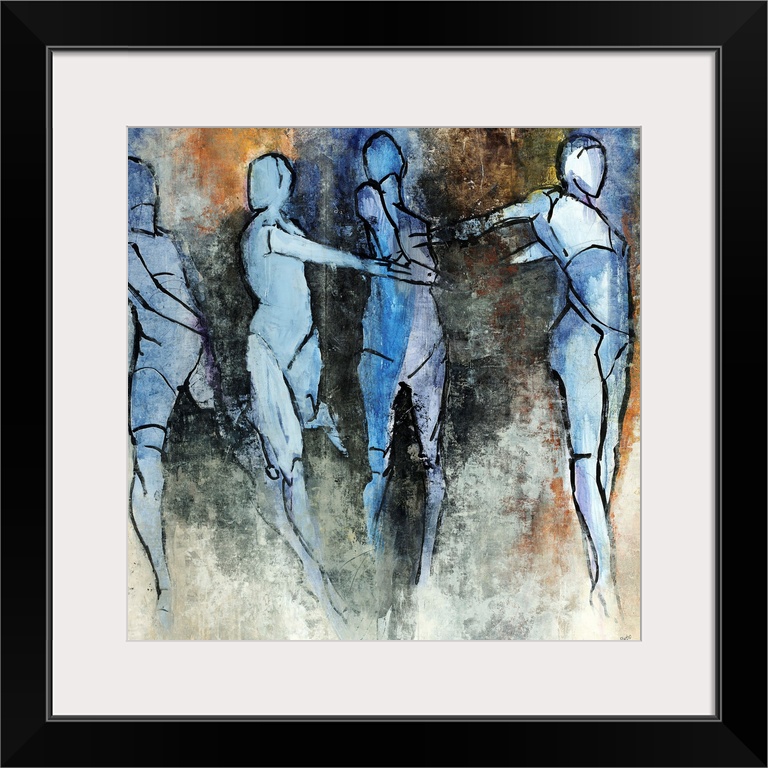 Contemporary painting of four different versions of the basic human form in movement, on a multicolored background with th...