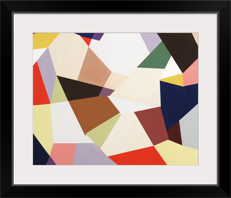 Large abstract painting created with geometric shapes fitting together in various colors.