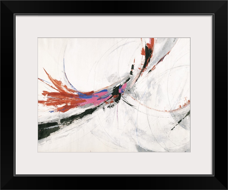 Abstract art work with curves lines in pink, blue, black, and orange hues on a gray and white background.