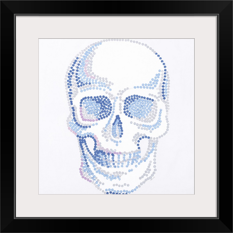 Contemporary painting of a human skull made of small dots in blue, gray and pink.