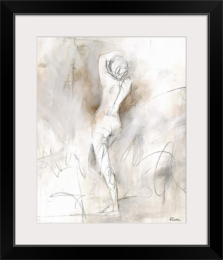 Contemporary abstract painting using neutral tones surrounding a sketch lined female form.