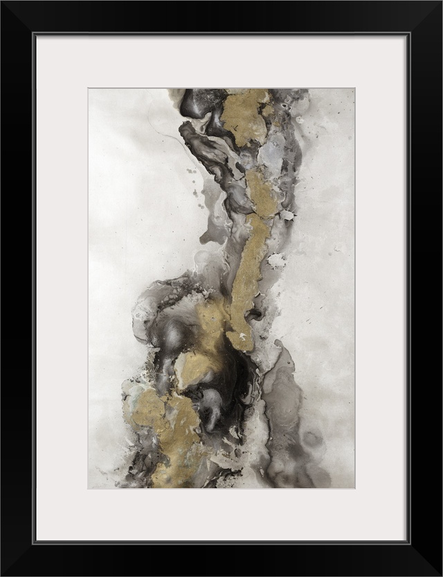 Abstract painting of textured brush strokes with gold accents.