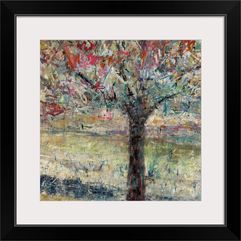 Contemporary painting of a single tree with vibrant leaves and branches in various colors, painted with sharp, deliberate ...