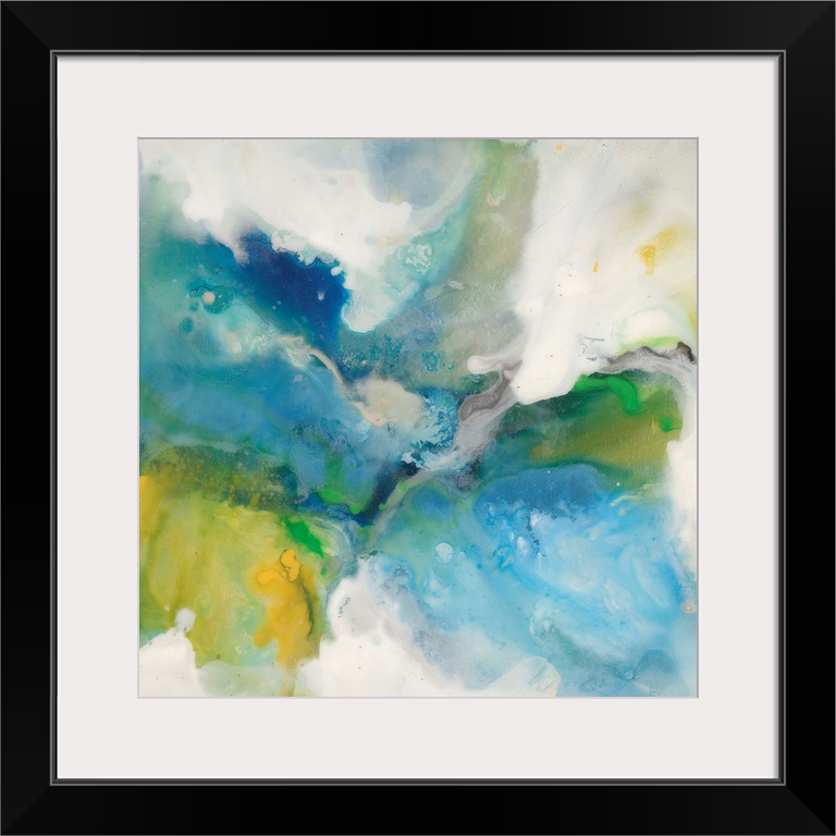 Contemporary abstract painting of saturated blue and green tones in a swirling motion.