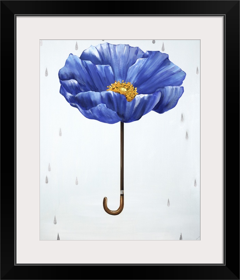 A conceptual painting of a blue poppy as an umbrella with silver rain drops falling down.