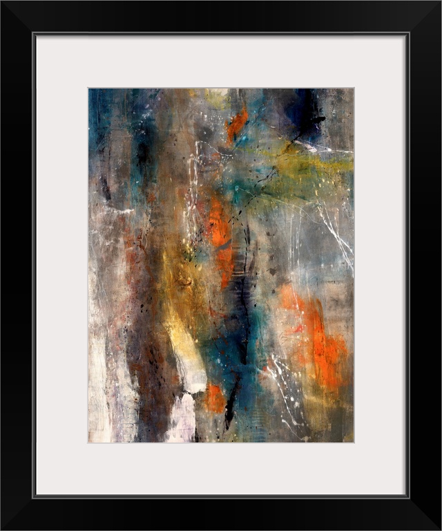 Large abstract art uses a background mixture of dark tones with brief highlights of warm and light tones sprinkled through...