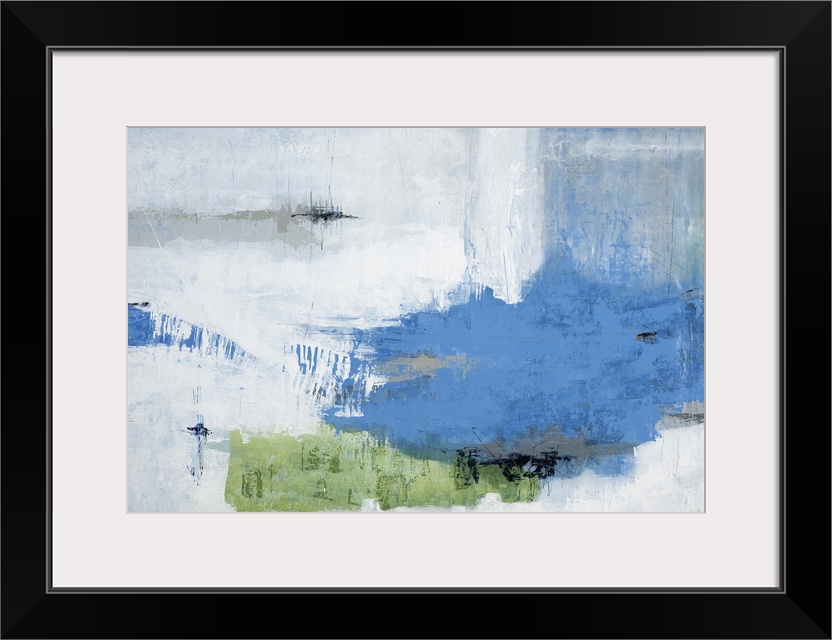 Contemporary abstract painting using blue and light green patches against a neutral background.