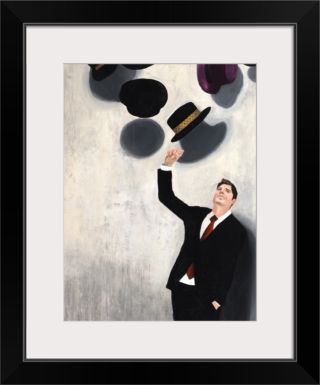 Contemporary painting of a man in a suit tossing a hat into the air along with many others hats.