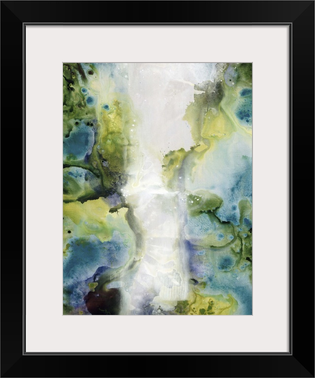 Contemporary abstract painting using muted green and blue tones resembling smoke against a neutral background.