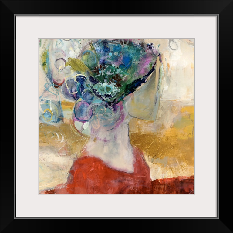 Square, giant abstract painting of a human figure bust, their head and face covered by a large, decorative, detailed headd...