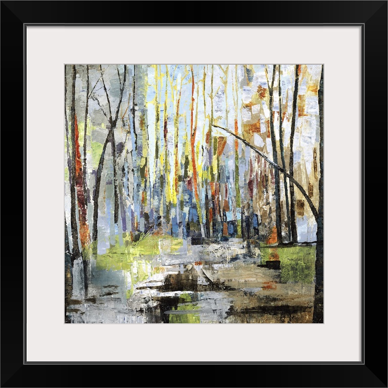 Square abstract landscape with colorful bare trees in a forest setting, reaching to the top of the canvas.