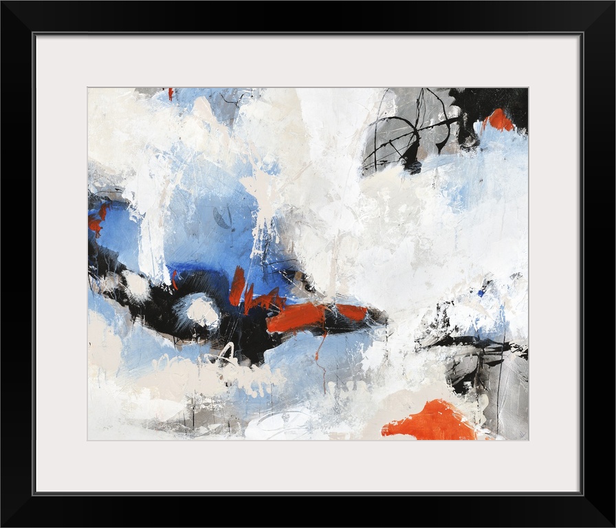Contemporary abstract painting with blue and red peeking through clouds of white.
