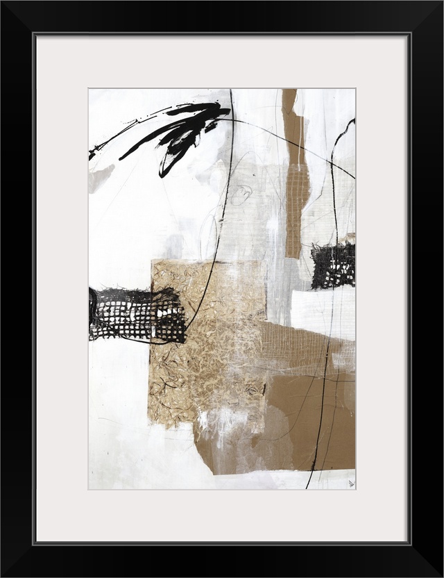 This vertical collage contains abstract elements that looks like different types of weaved fabric in black and brown.