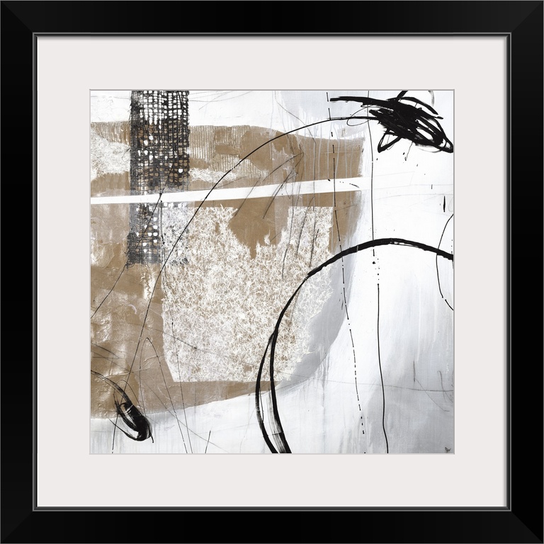 This square collage contains abstract elements that looks like different types of weaved fabric in black and brown.