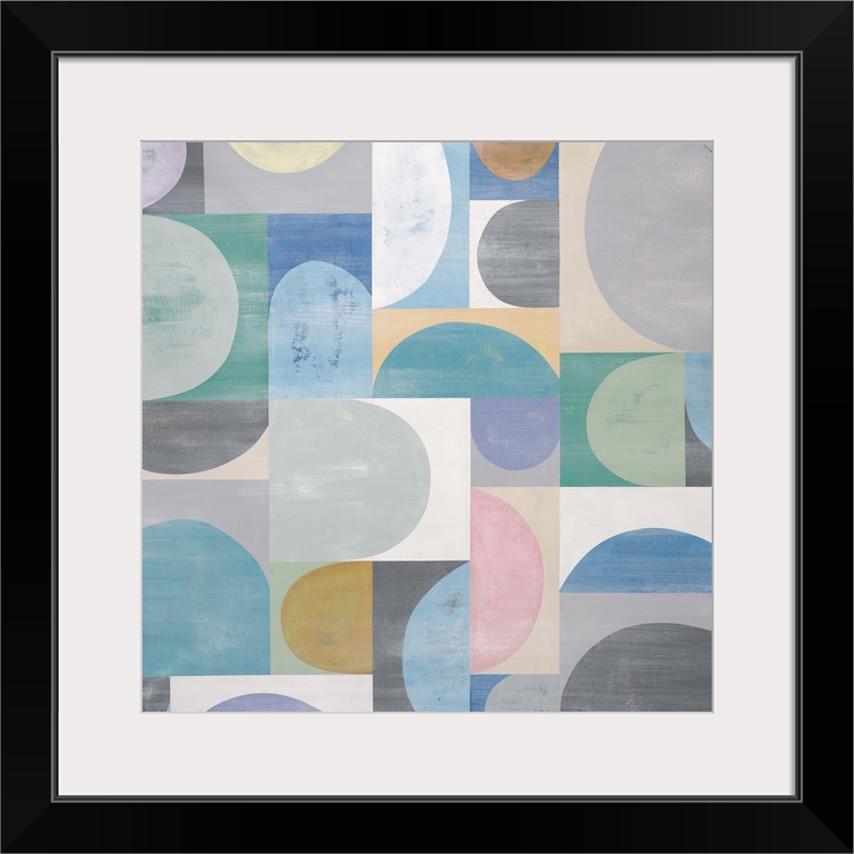 Abstract painting with a mid-century feel using organic shapes in different colors to create obscure patterns.