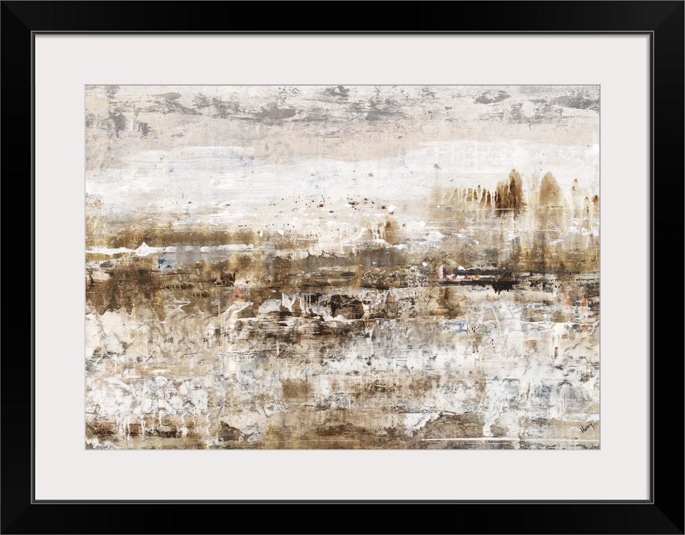 A contemporary abstract painting using earthy tones and rough textures.
