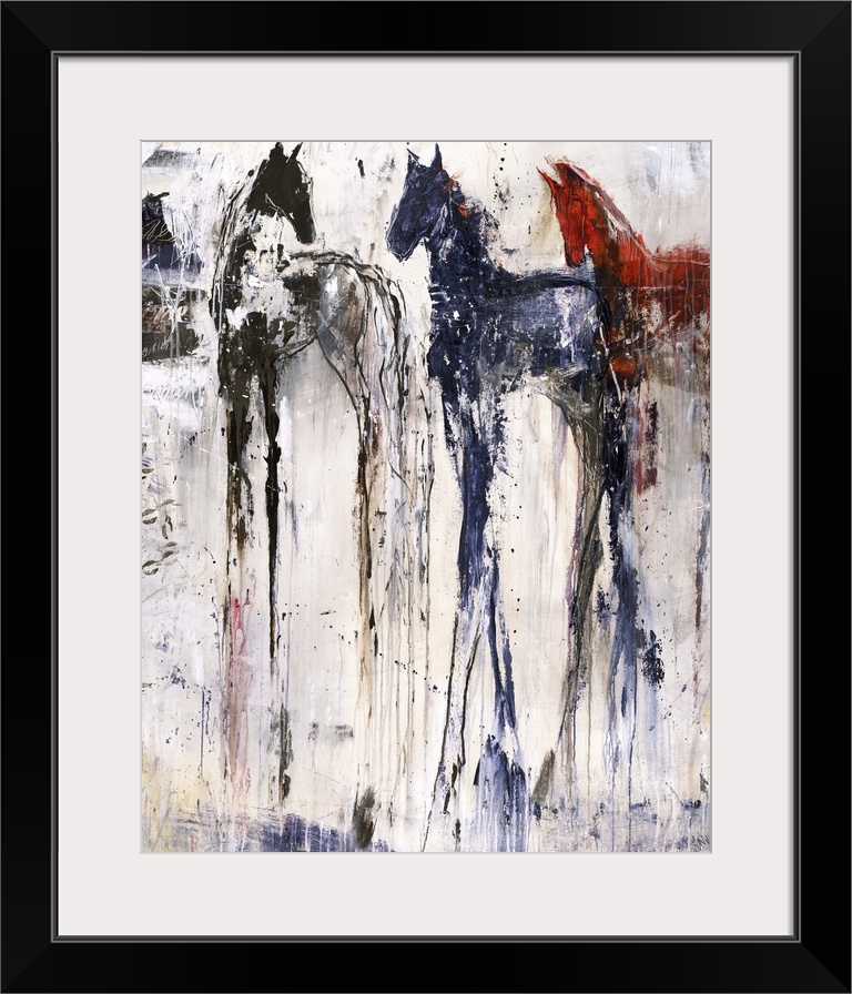 Tall abstract painting of three horses with vertical lines of color.