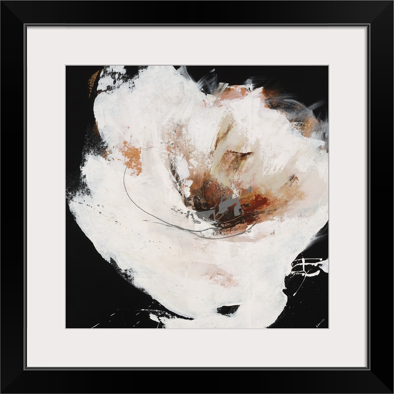 Abstract painting of a large white flower with a dark center, painted with thick brushstrokes and spattered edges on a sol...