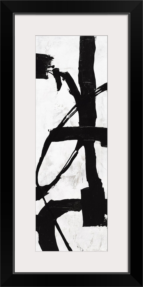 Black and white abstract panel panting with bold brushstrokes creating movement up and down the canvas.