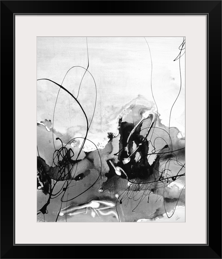 Black, white, and gray contemporary abstract painting with thin black squiggly lines on top of monochrome clusters.