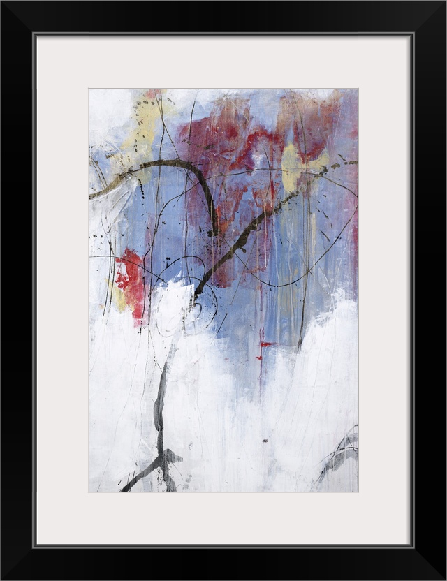 Vertical abstract painting in pastel colors in blue and red with winding black lines throughout.