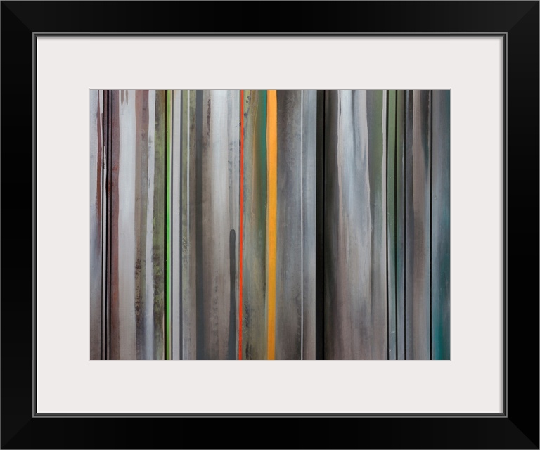 Landscape, oversized contemporary painting of numerous vertical lines, side by side, in a variety of colors and thicknesse...