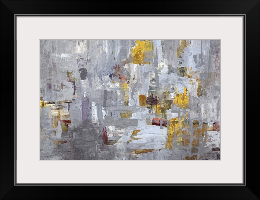 Contemporary abstract painting using mostly gray tones with hints of gold.