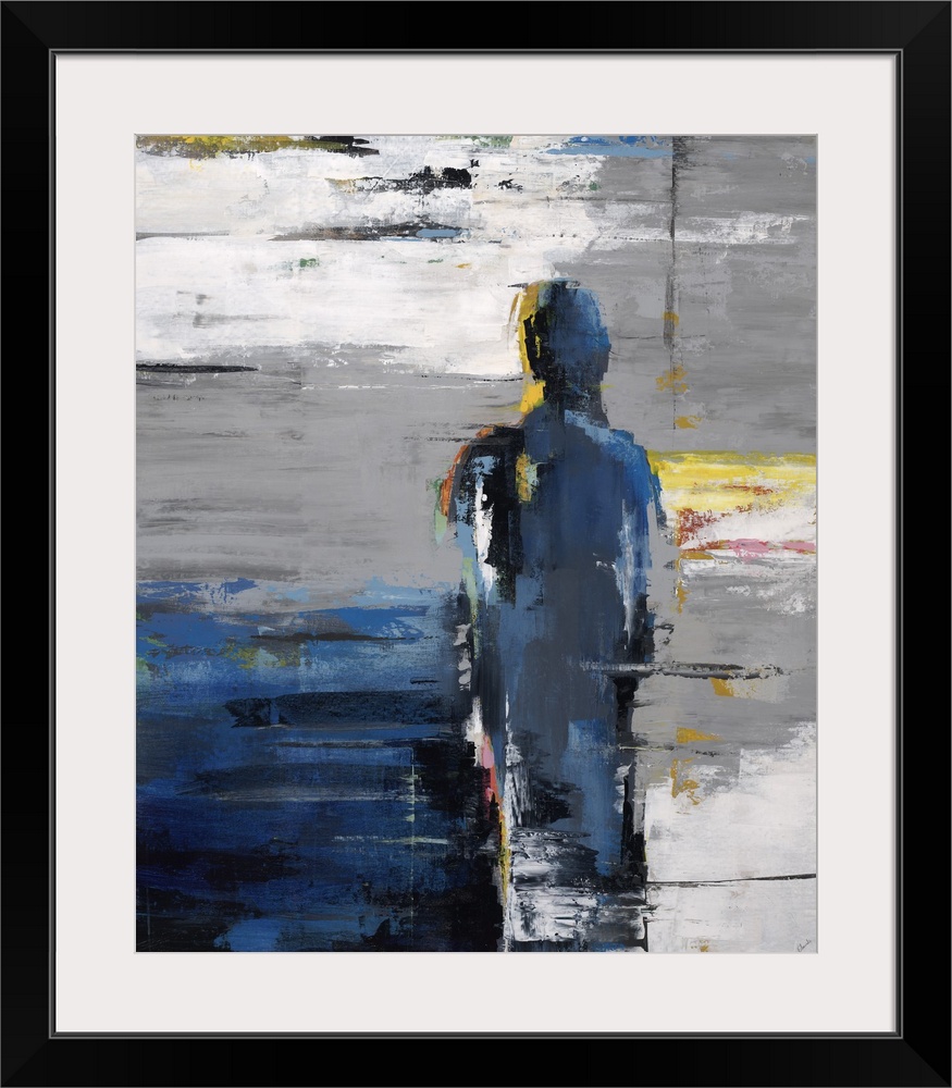 Figurative art of a human silhouette standing next  to a large square object, on a background painted with thick horizonta...