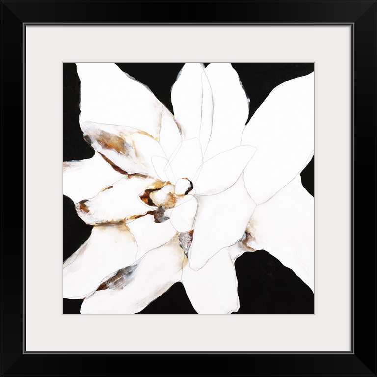 Contemporary abstract painting using resembling a white flower against a black background.