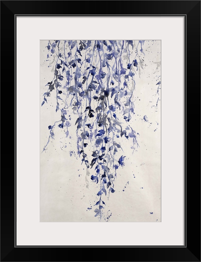 Contemporary painting of long hanging vines of leaves and flowers with spattered paint surrounding them, on a light, neutr...