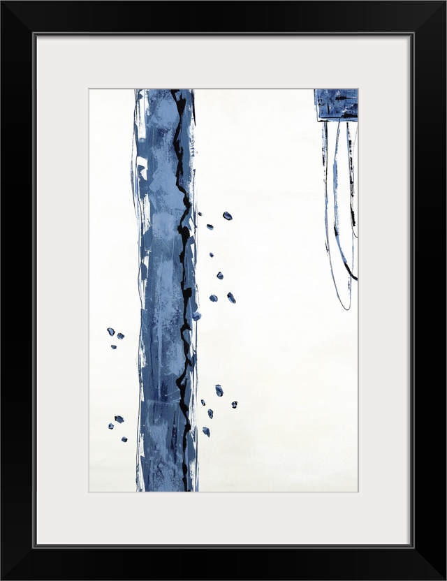 Industrial abstract painting with a thick blue-gray vertical line, dots, and a square with thin rope-like brushstrokes han...