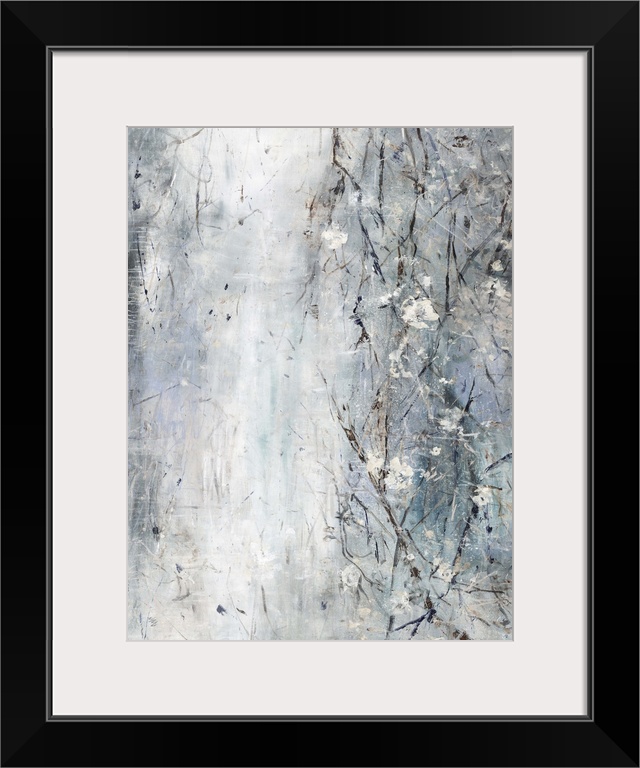 Contemporary abstract painting with vines of flowers on the running vertically on the right side of the canvas in shades o...