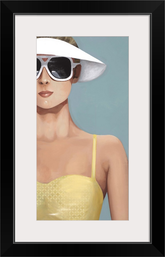 Contemporary artwork of a woman in a yellow bathing suit and large sunglasses.