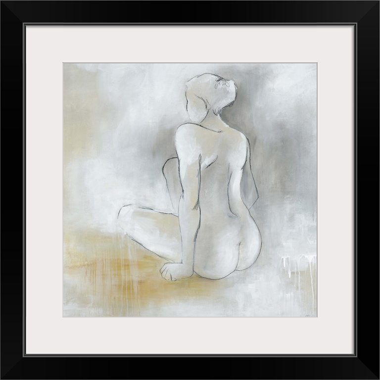 Contemporary painting of a seated nude female figure against a pale neutral background.