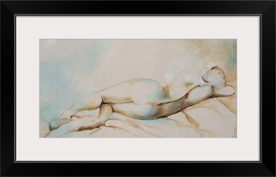 Contemporary figurative painting of a nude female laying down, with back facing viewer.