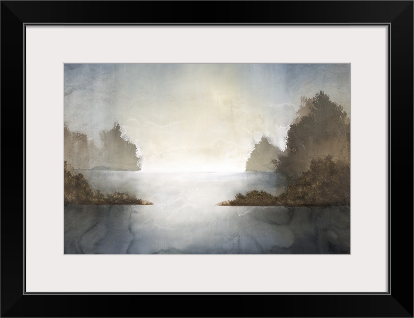 Contemporary painting of an abstract landscape with sunshine bouncing off of the water creating beautiful lighting.