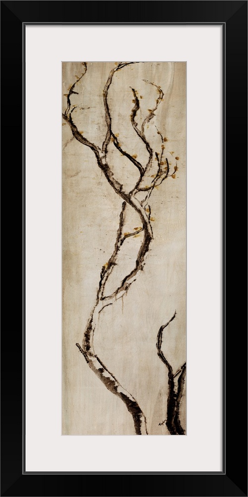 Contemporary vertical art piece of a bare tree branch sticking up on a neutral background.