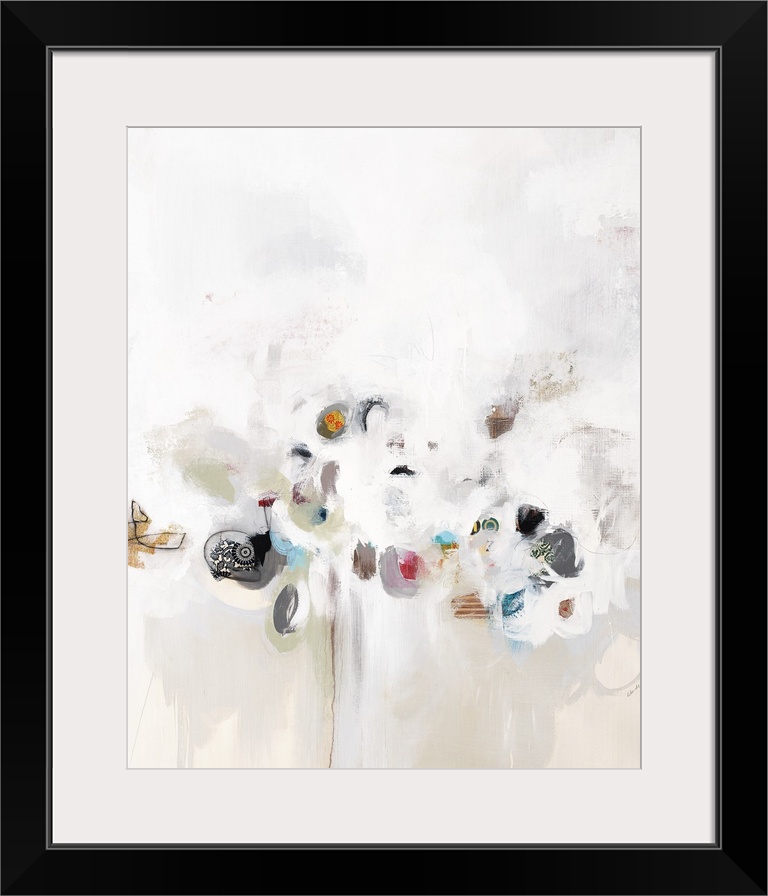 Contemporary artwork with small spots of color hiding in white.