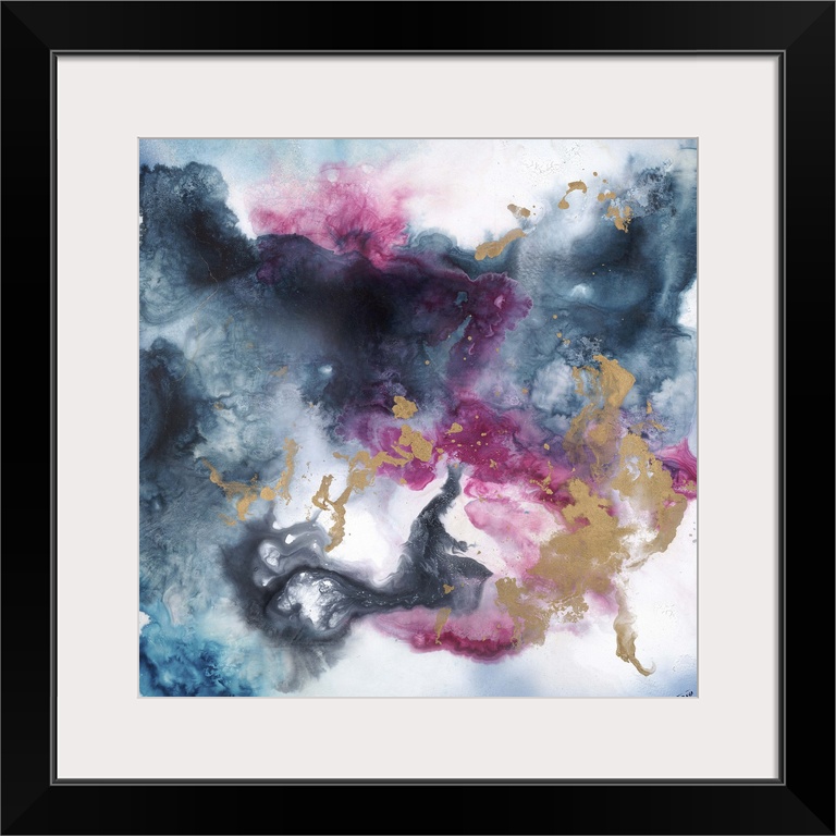 Contemporary abstract painting of ethereal looking black and purple washes of color resembling smoke.