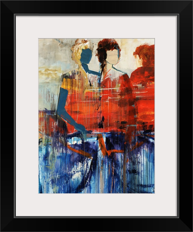 Portrait, figurative art on a large wall hanging of three human figures standing behind a large object, two faceless are l...