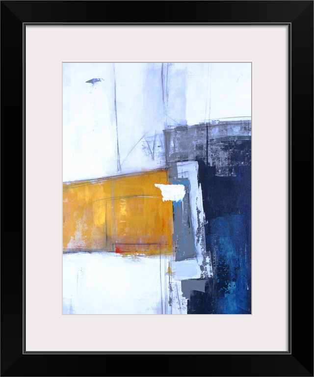 Contemporary abstract painting with bold shapes in dark blue and yellow on a light blue background with thin lines.