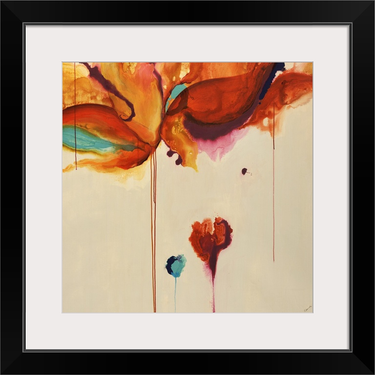 Square contemporary abstract painting of warm color blobs with color dripping down from them.